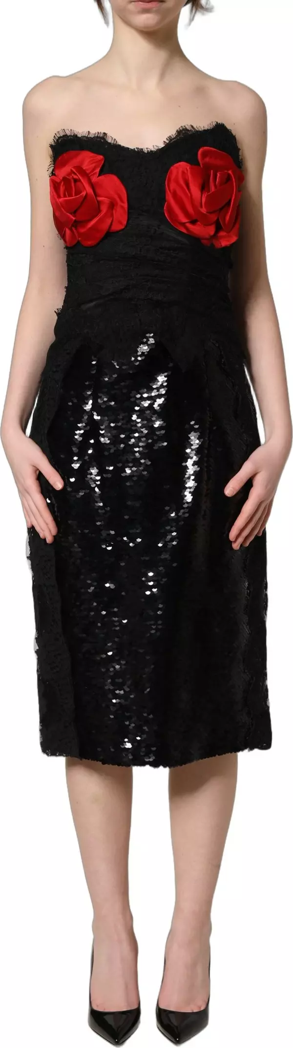 Black Strapless Red Rose Sequined Midi Dress
