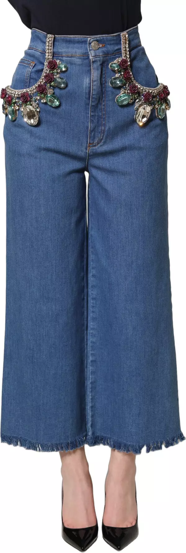 Blue Embellished Wide Cropped Denim Jeans