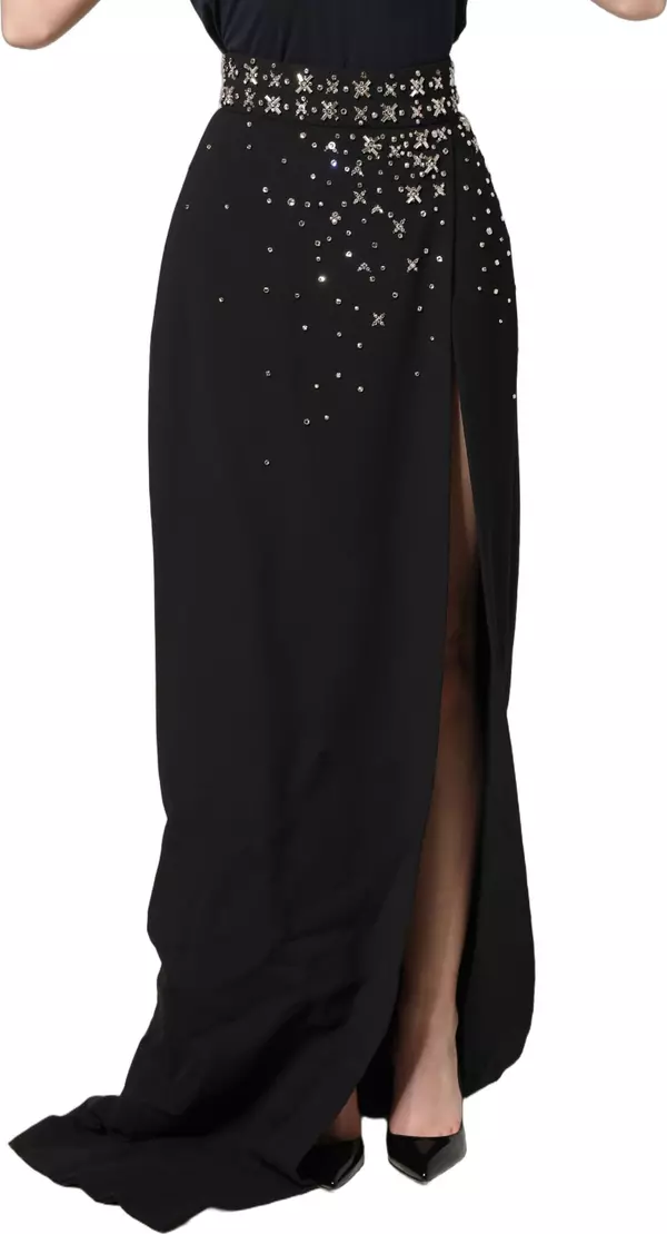Black Crystal Embellished High Slit Skirt