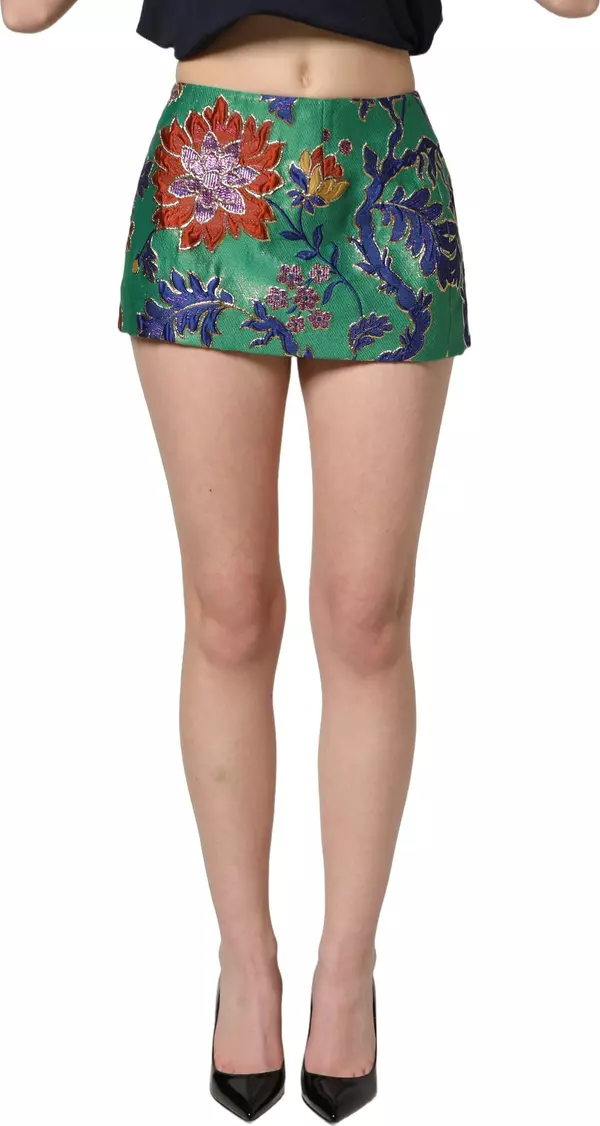 Green Floral Jacquard High Waist Mini Skirt