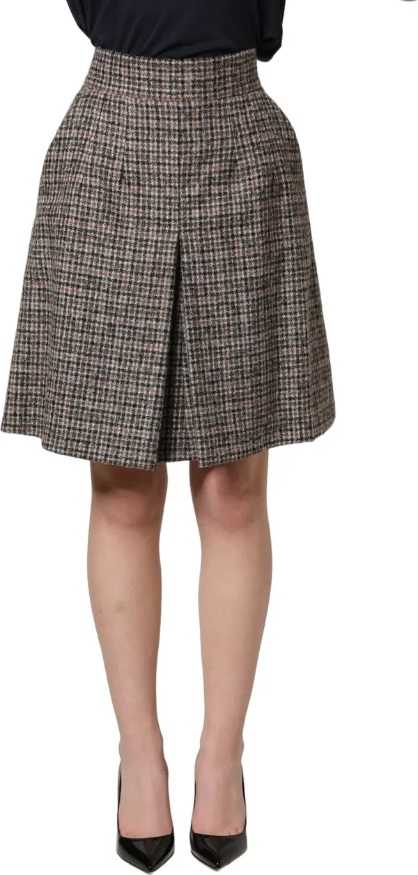 Brown Tweed Kick Pleat High Waist Mini Skirt