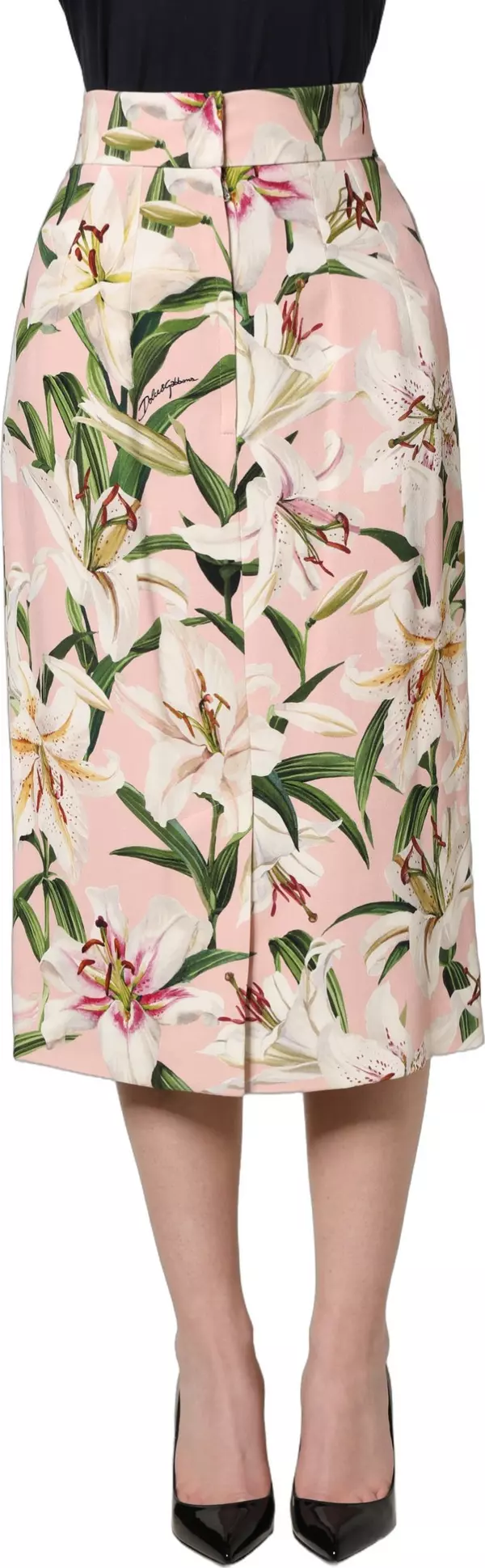 Pink Lilium Print High Waist Pencil Skirt