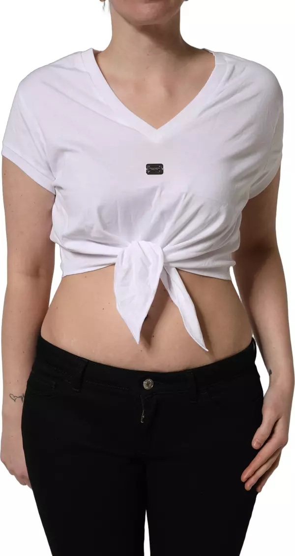 White Logo Embroidered TieWaist Cropped Top
