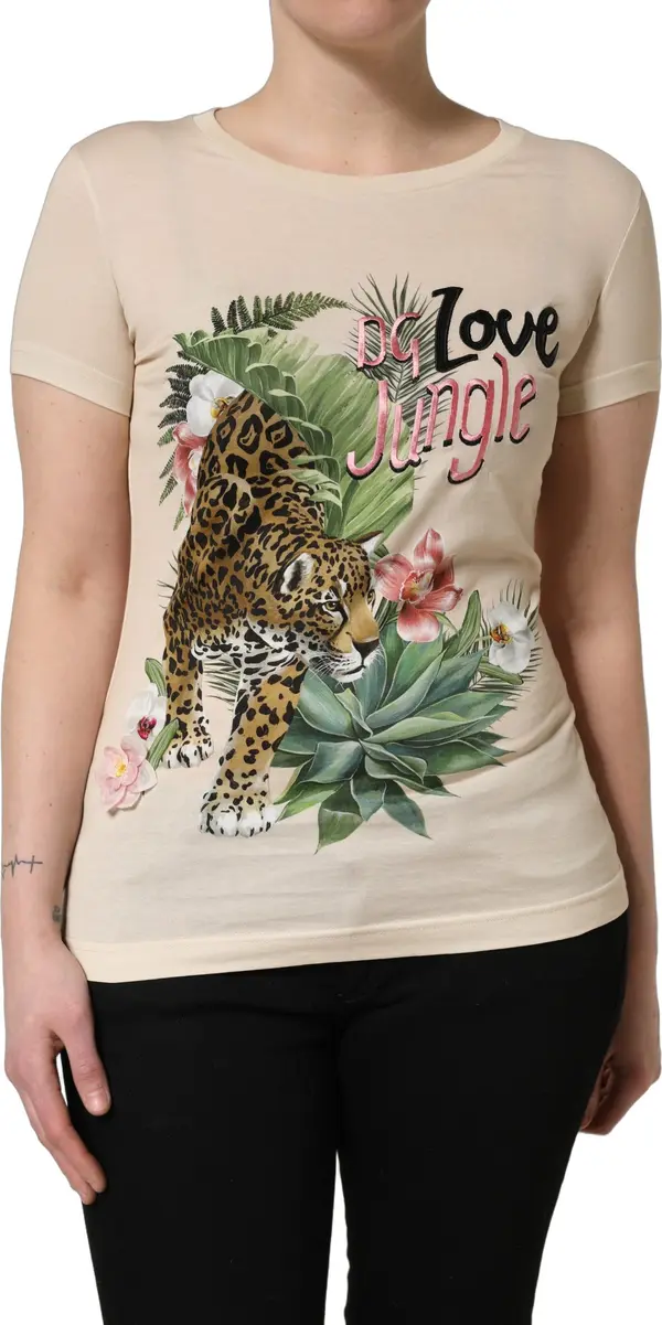 Beige Jungle Print Cotton Round Neck T-Shirt