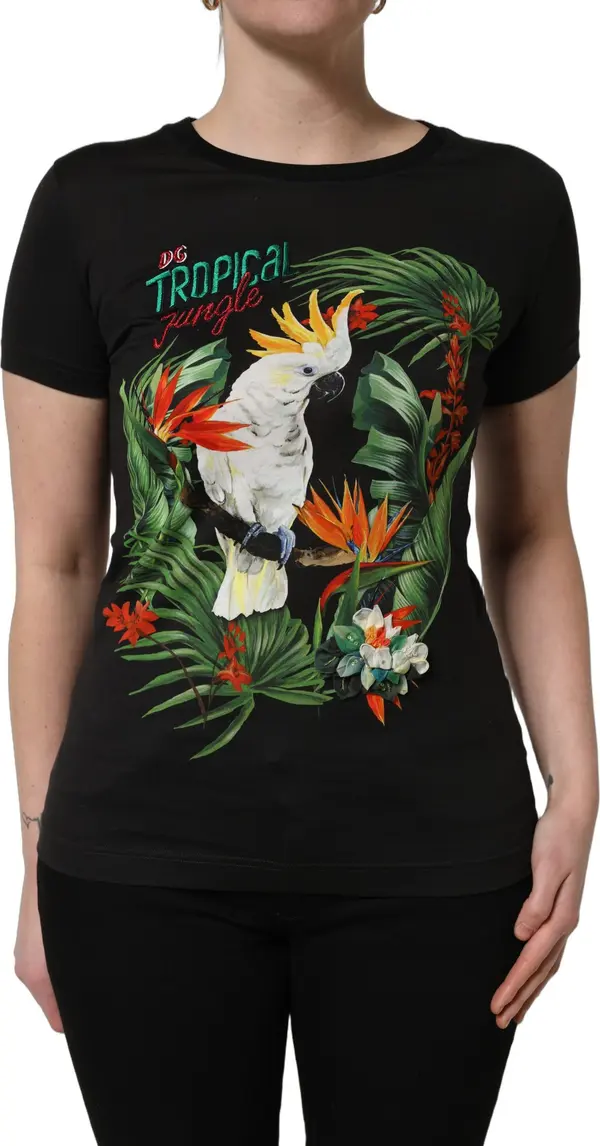 Black Tropical Print Cotton Round Neck T-Shirt