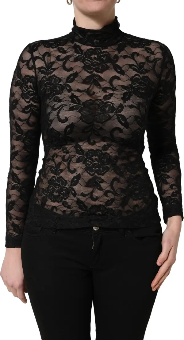 Black Floral Lace Turtle Neck Long Sleeve Top