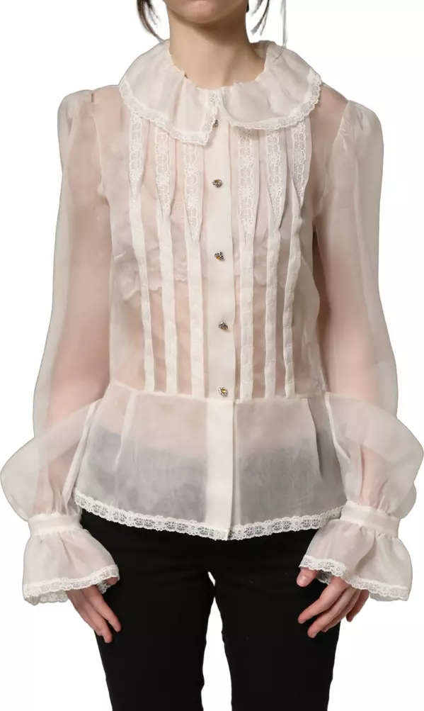 White Ruffled Sheer Silk Buttoned Blouse Top
