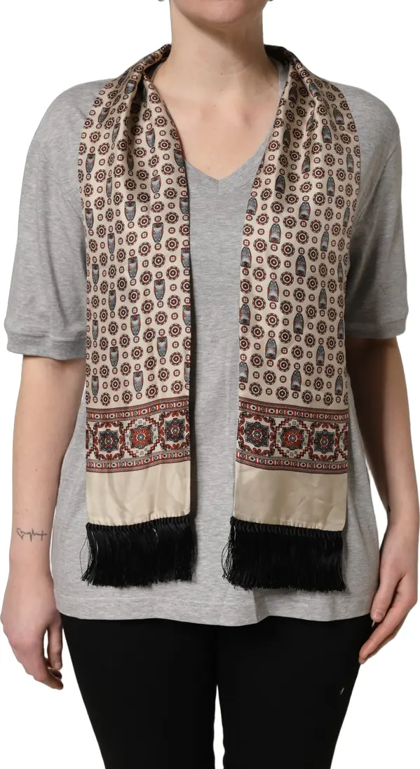 Gray Cotton V-neck Owl Silk Scarf Top T-shirt
