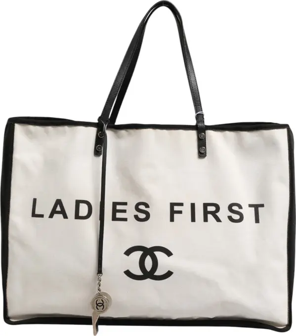 Ladies First White and Black Canvas Shopper Tote Bag