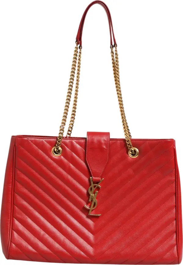 Red Chevron Quilted Grained Leather Monogram Tote Bag