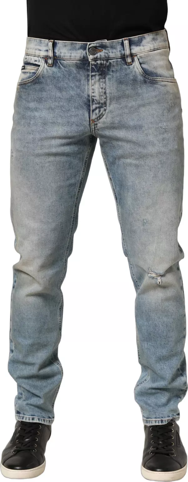Blue Washed Mid Waist Straight Men Denim Jeans