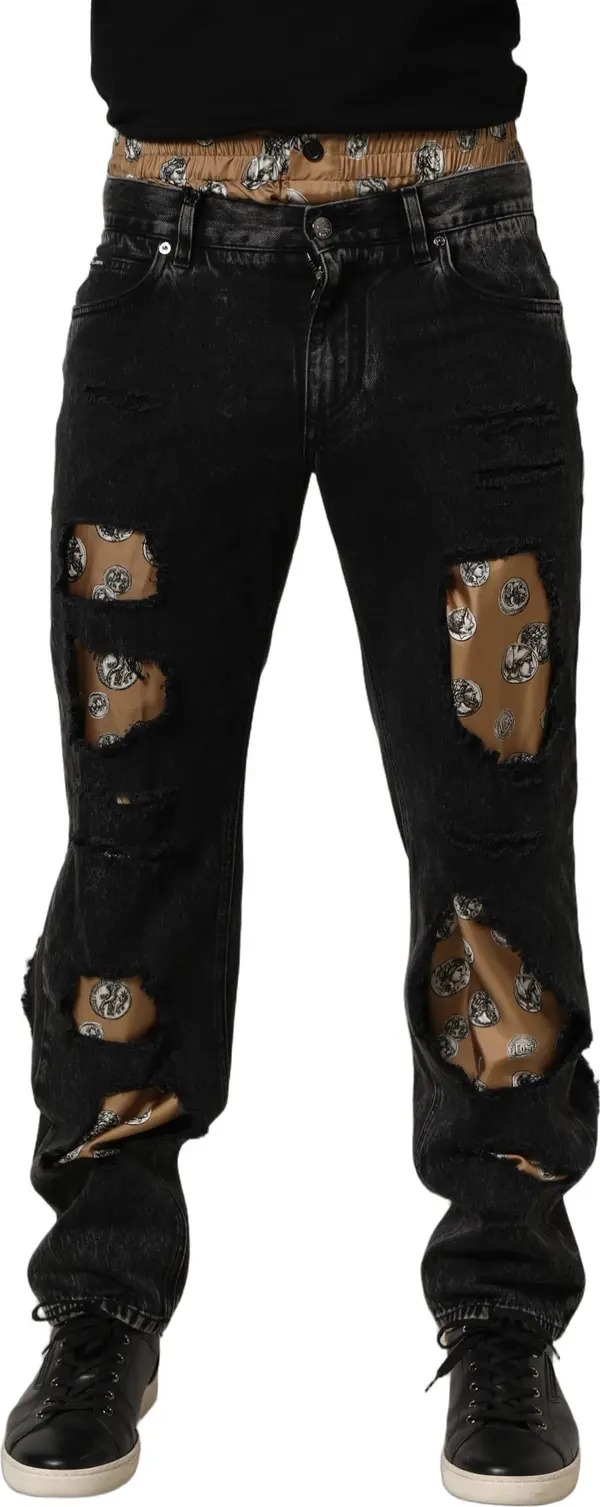 Black Distressed Cotton Straight Denim Jeans