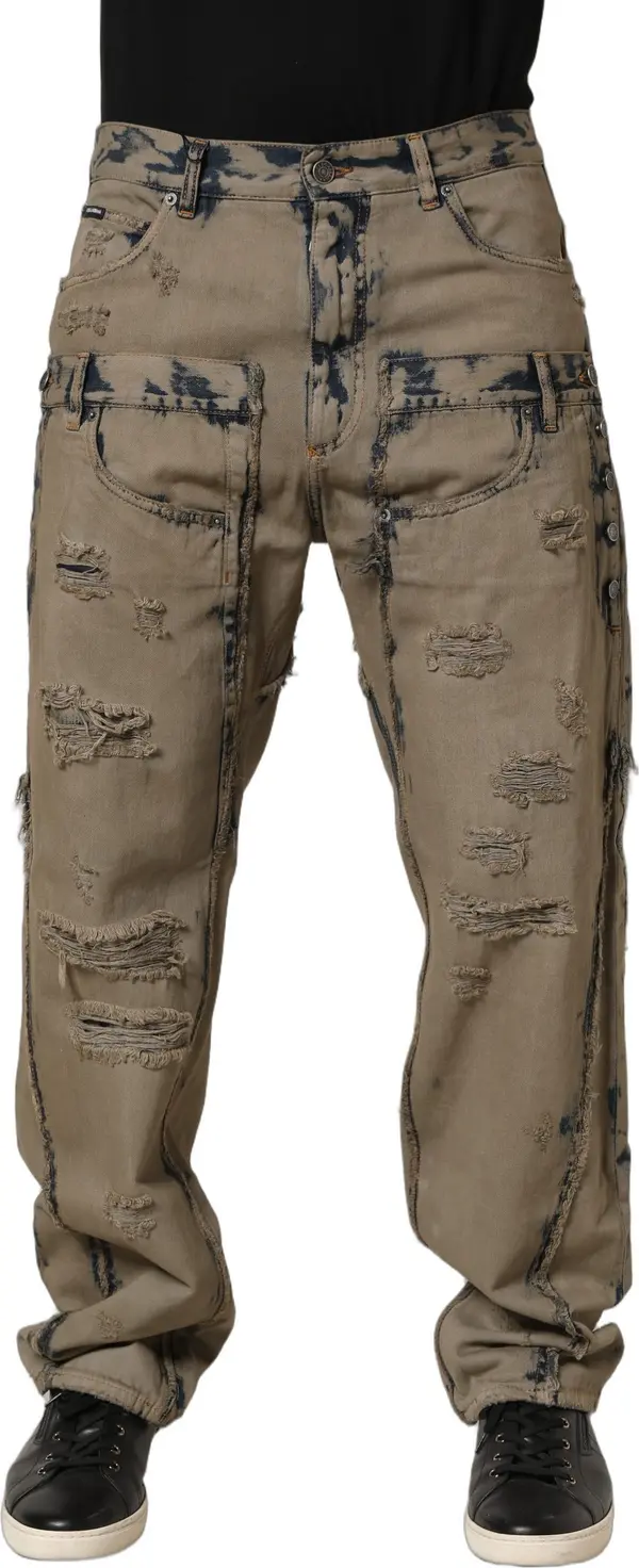 Beige Bleached Deconstructed Men Denim Jeans