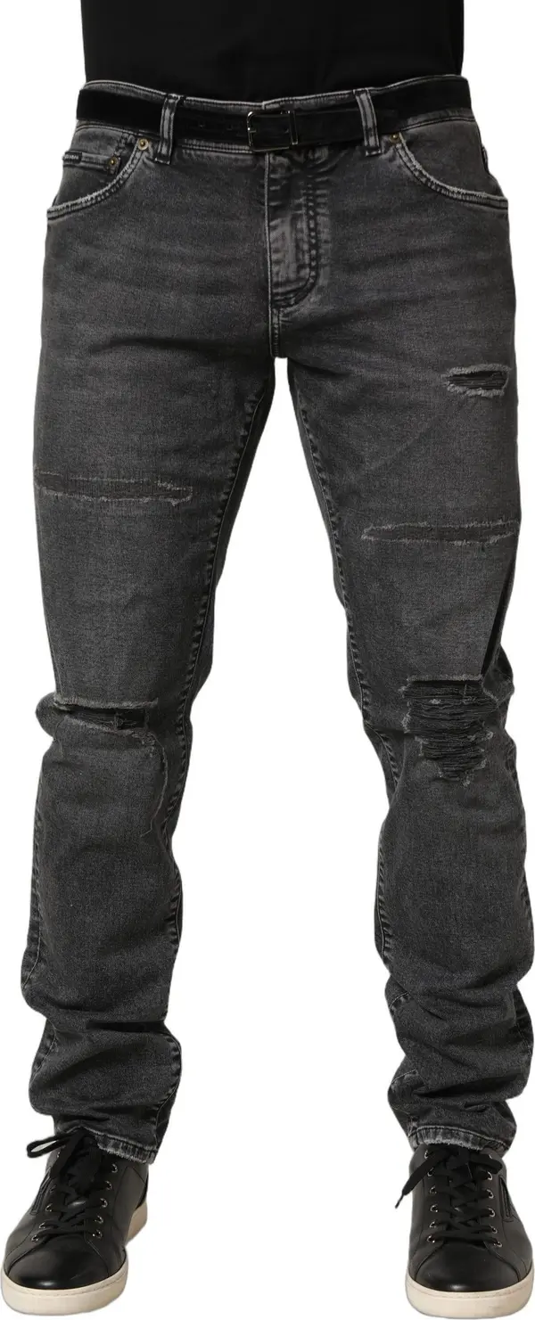 Dark Grey Distressed Mid Waist Denim Jeans