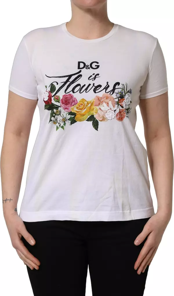 White D&G is Flowers Print Round Neck T-shirt