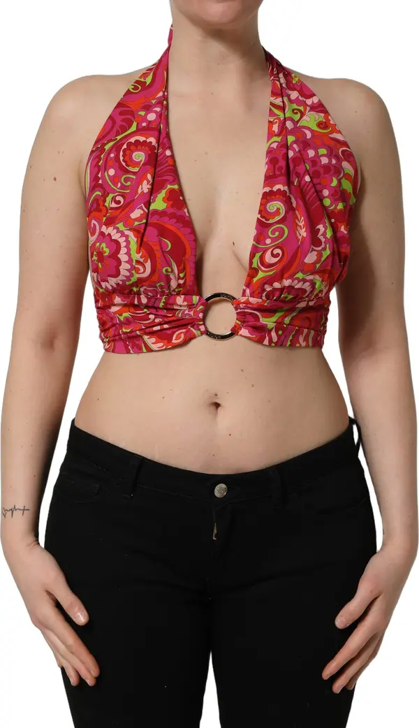 Red Paisley Silk Halter Neck Crop Tank Top