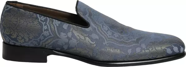 Blue Floral Brocade Slip On Loafers Shoes