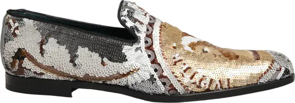 White Gold Sequined Slip On Loafers Shoes