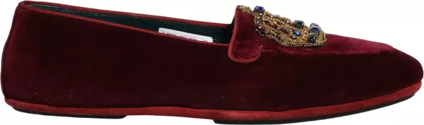 Burgundy Velvet Crown Slip On Loafers Shoes