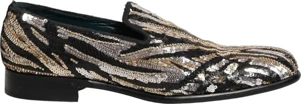 Gold Striped Sequin Embellished Loafer Shoes