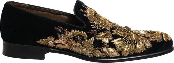 Black Gold Embroidery Dress Loafers Shoes