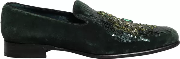 Green Velvet Embellished Dress Loafers Shoes
