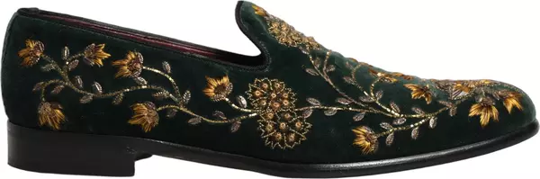 Green Floral Embroidery Dress Loafers Shoes