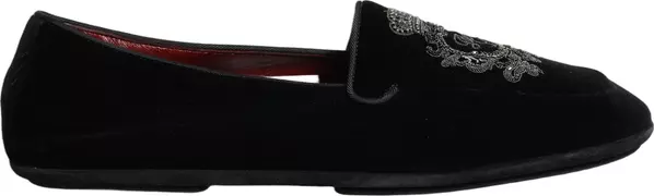 Black Velvet Crown Embroidery Loafers Shoes