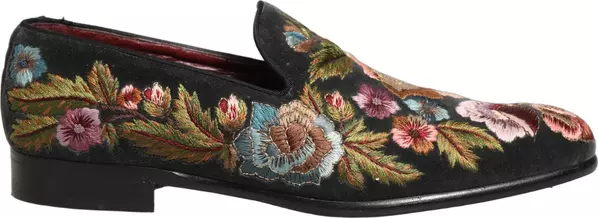 Black Velvet Floral Embroidery Loafers Shoes
