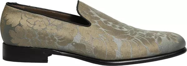 Gold Floral Jacquard Slip On Loafers Shoes