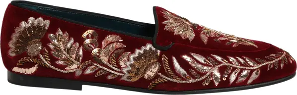 Red Velvet Floral Embroidery Loafers Shoes