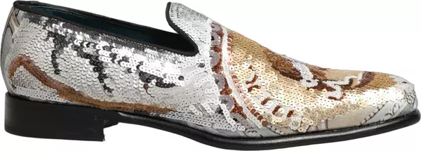 White Gold Sequined Slip On Loafers Shoes