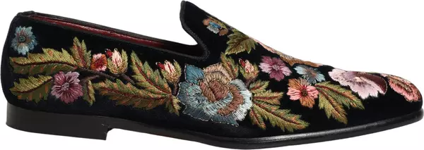 Black Velvet Floral Embroidery Loafers Shoes
