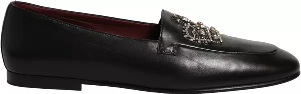 Black Leather Crown Embellished Loafers Shoes