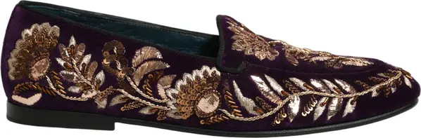 Violet Velvet Floral Embroidery Loafers Shoes