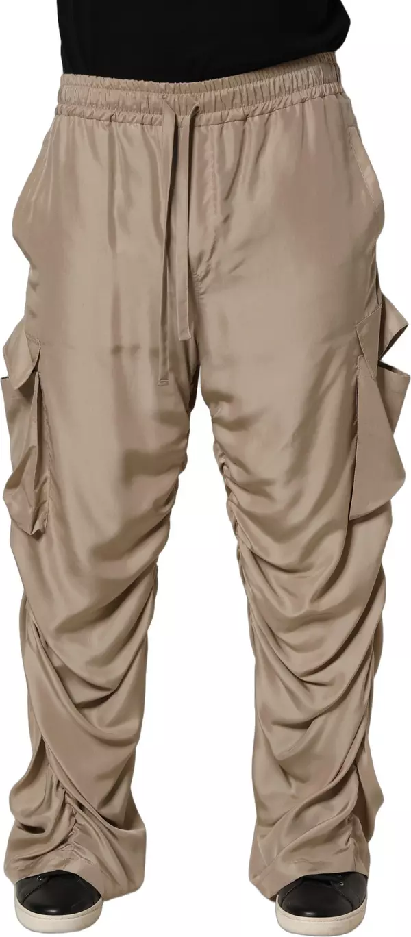 Brown Ruched Cargo Parachute Men Jogger Pants