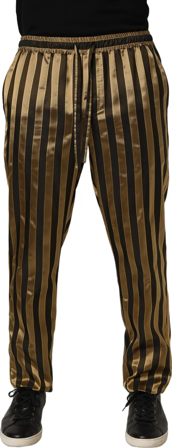Gold Black Stripe Satin Tapered Leg Men Pants