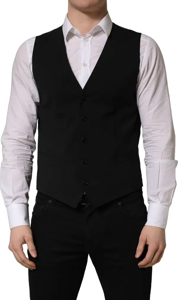 Black Wool Single Breasted Waistcoat Vest