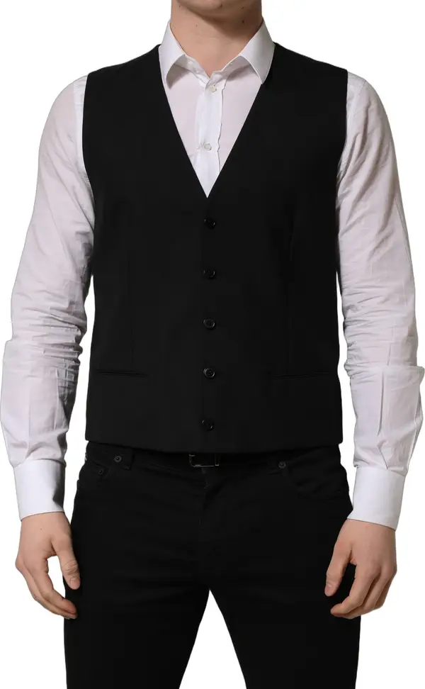 Black Wool Single Breasted Waistcoat Vest