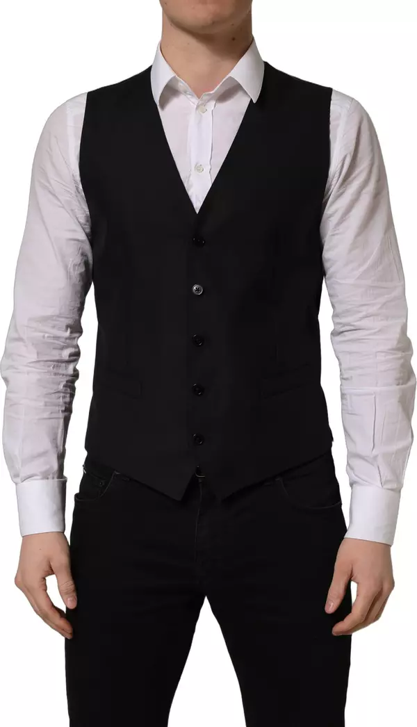 Black Wool Single Breasted Waistcoat Vest