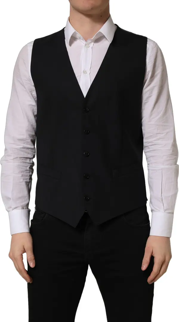 Black Wool Single Breasted Waistcoat Vest