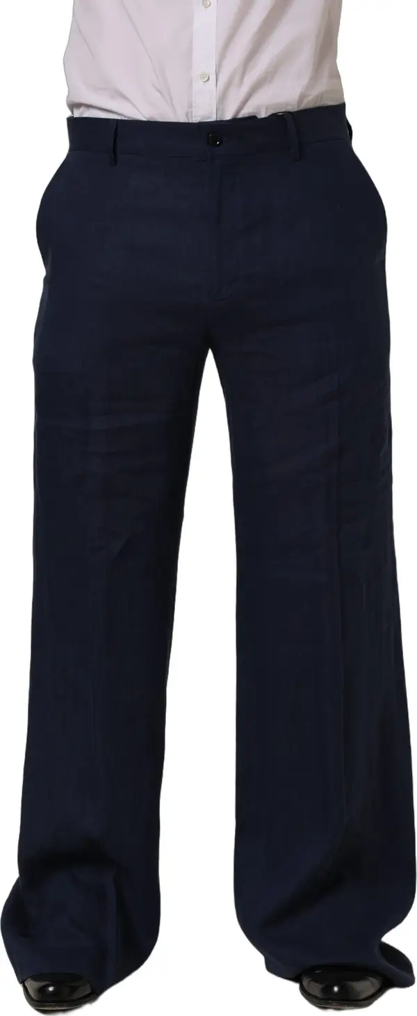 Blue Linen Straight Men Dress Trouser Pants