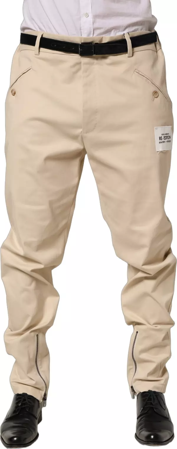 Beige Re-Editon Mid Waist Tapered Men Pants