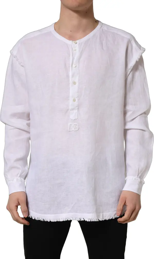 White Linen Logo Long Sleeves Casual Shirt