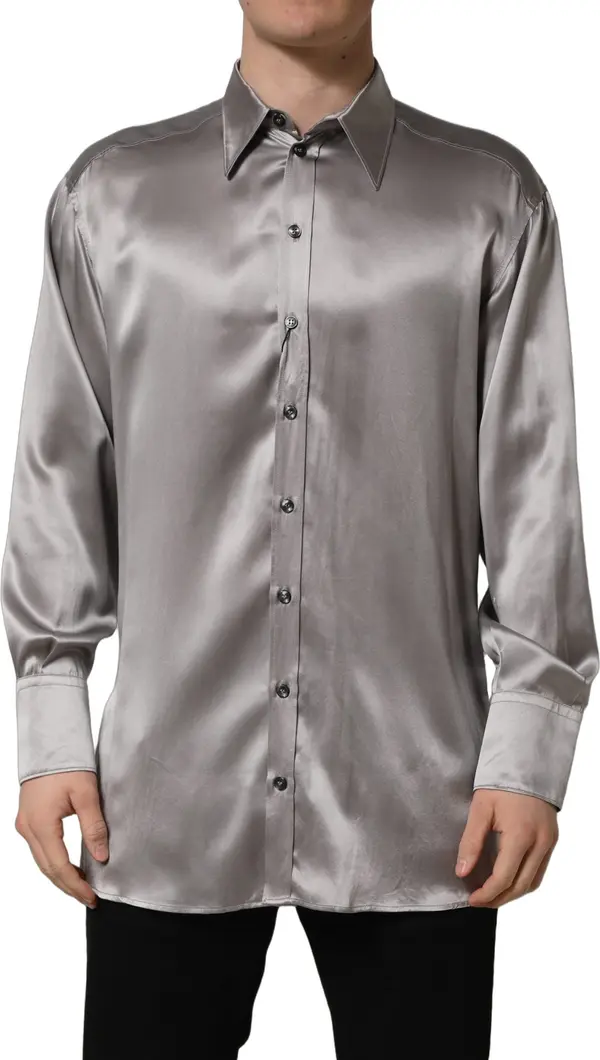 Metallic Grey Satin Silk Formal Dress Shirt