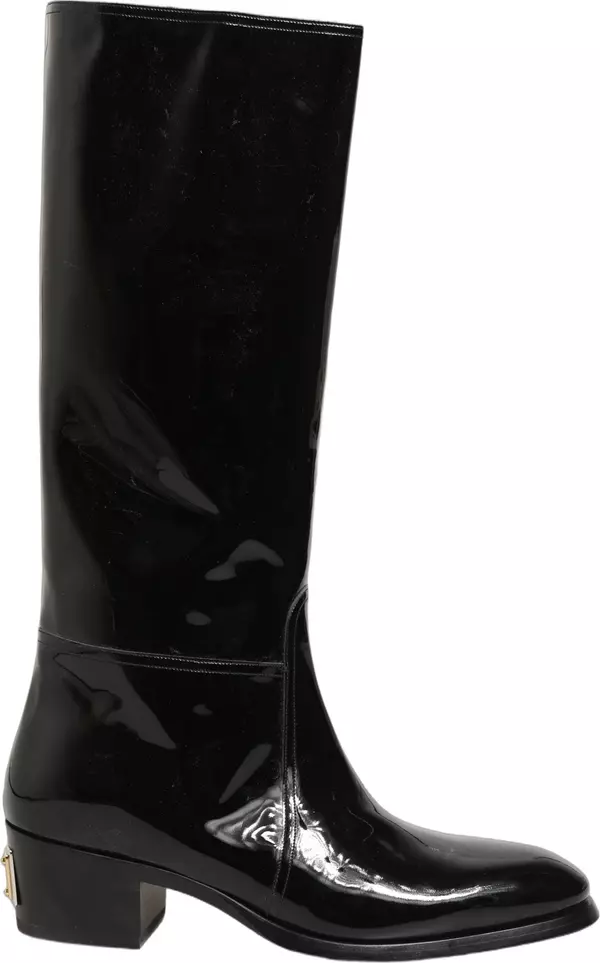Black Leather Knee High Heels Boots Shoes