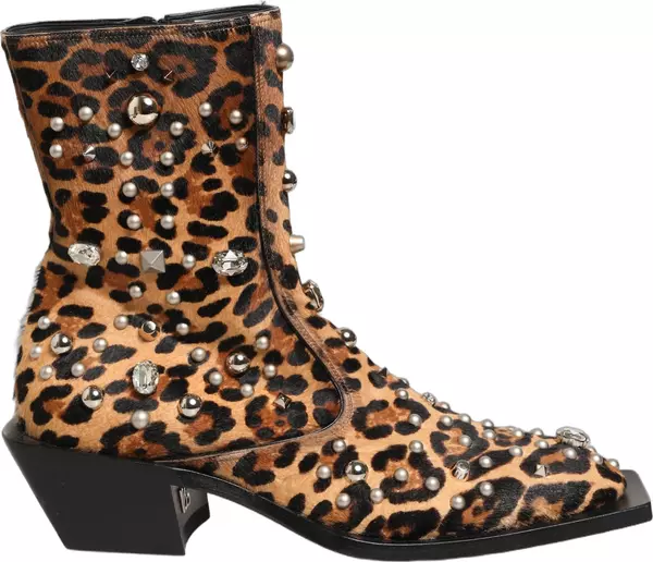 Brown Leopard Embellished Mid Calf Men Boots Shoes