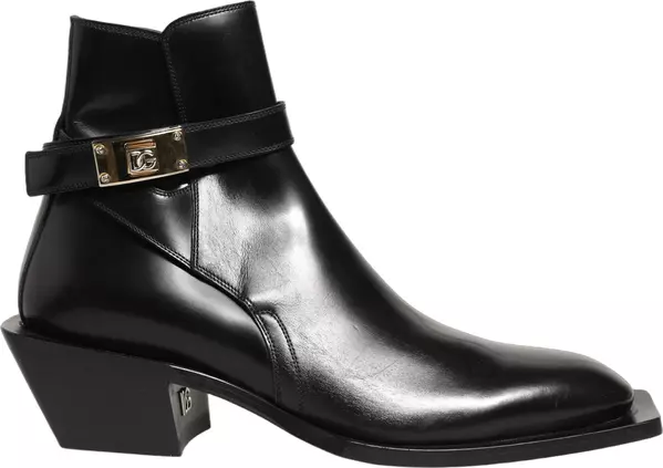 Black Leather DG Plaque Ankle Boots Shoes