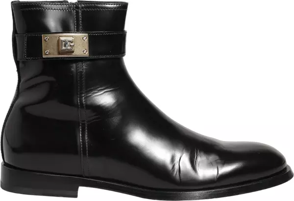 Black Leather Logo Buckle Mid Calf Boots Shoes