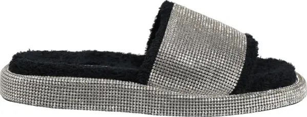 Black Crystal Embellished Platform Men Slides Shoes